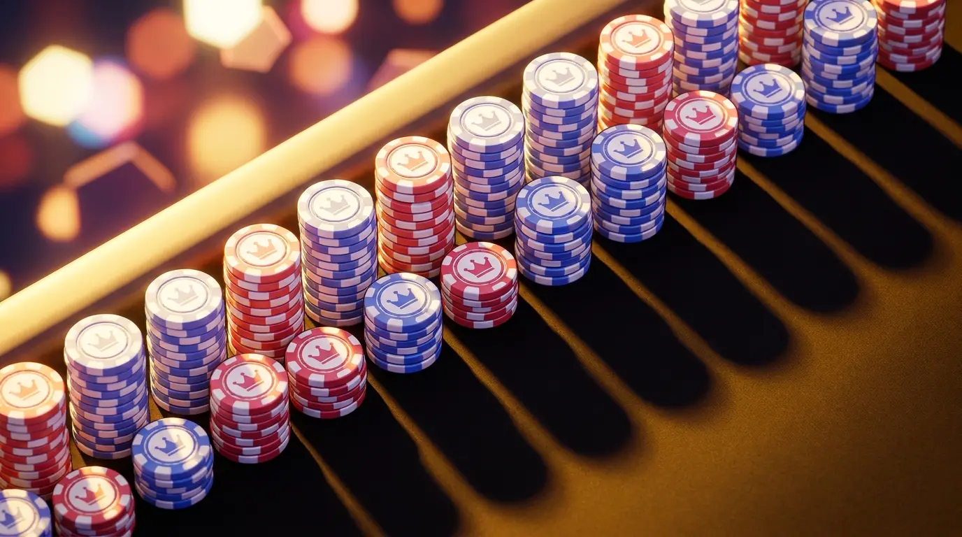 Poker chips arranged in comparison rows with British color theme