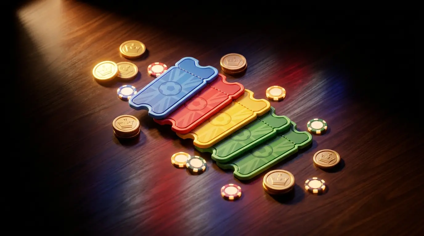 Layered betting tickets with coins in British themed composition