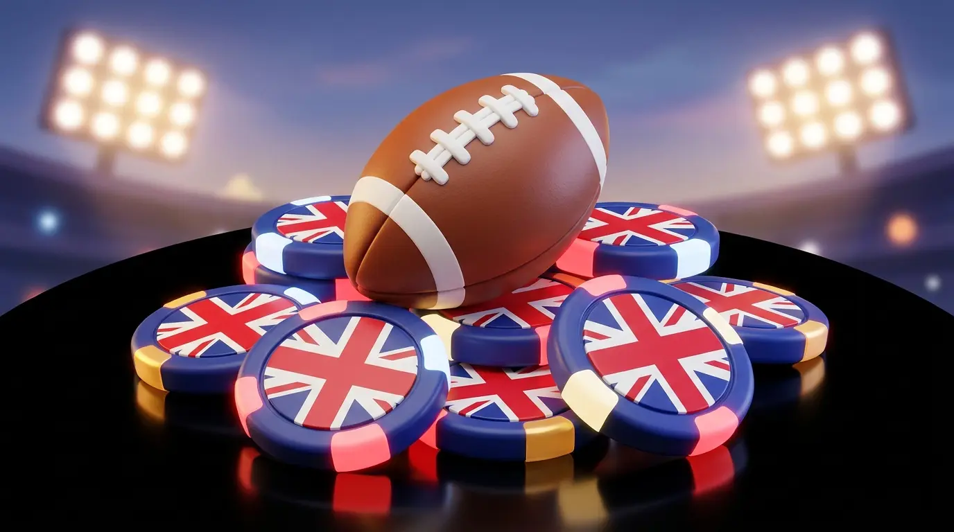 American football with poker chips in British flag colors under stadium lights