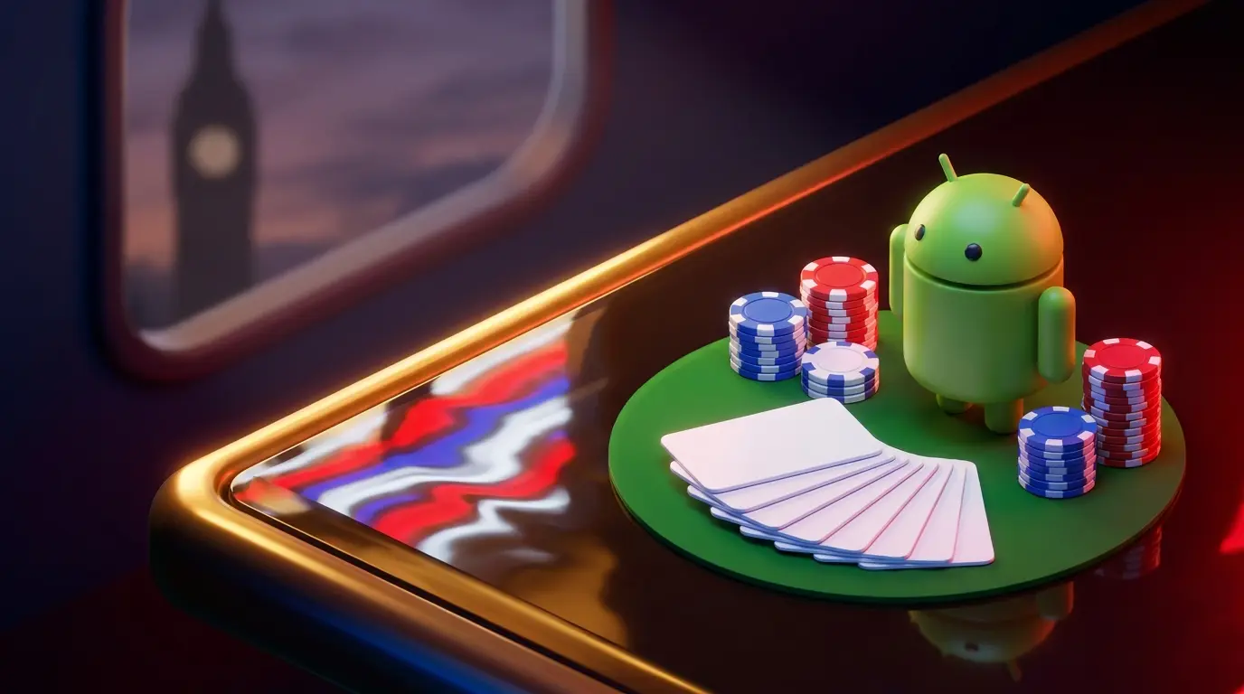 Android figure with casino chips and UK landmarks in background