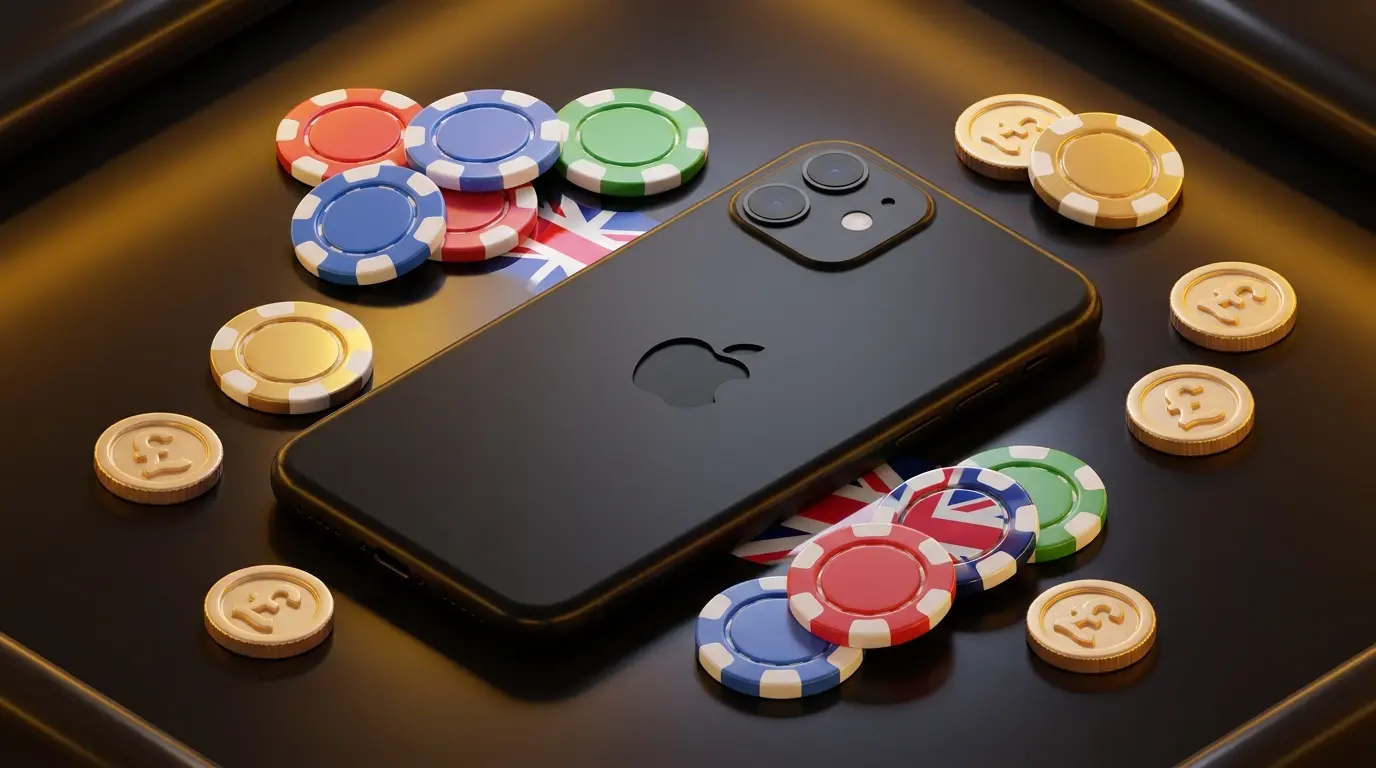 Smartphone with Apple branding surrounded by poker chips and British coins