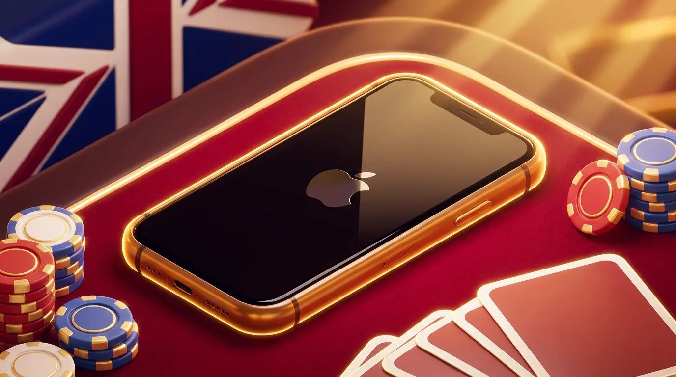Smartphone with poker chips and cards on casino table with UK colors
