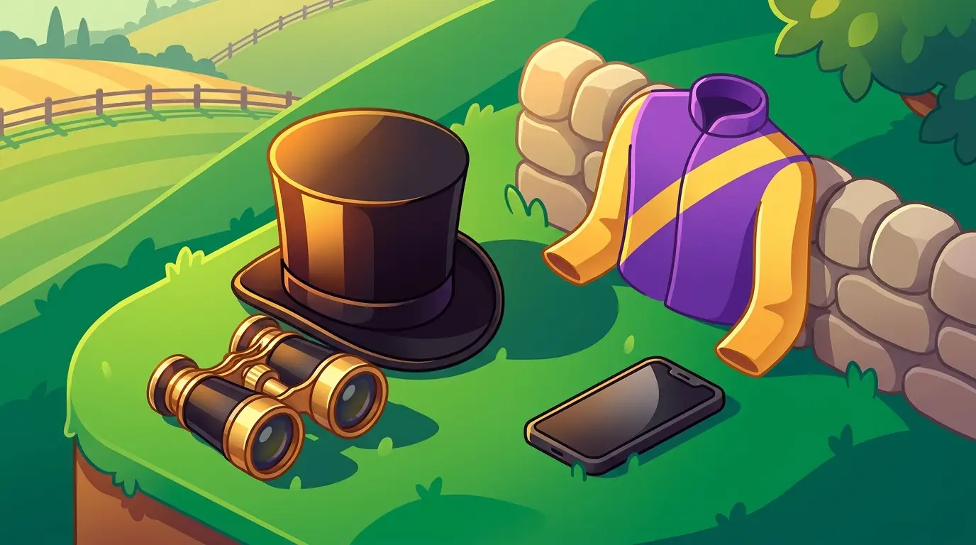 Royal Ascot racing accessories with smartphone on green turf