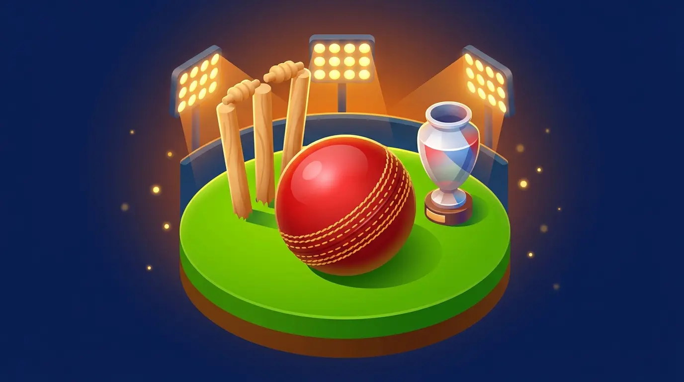 Cricket ball on pitch with Ashes urn and stadium lights background