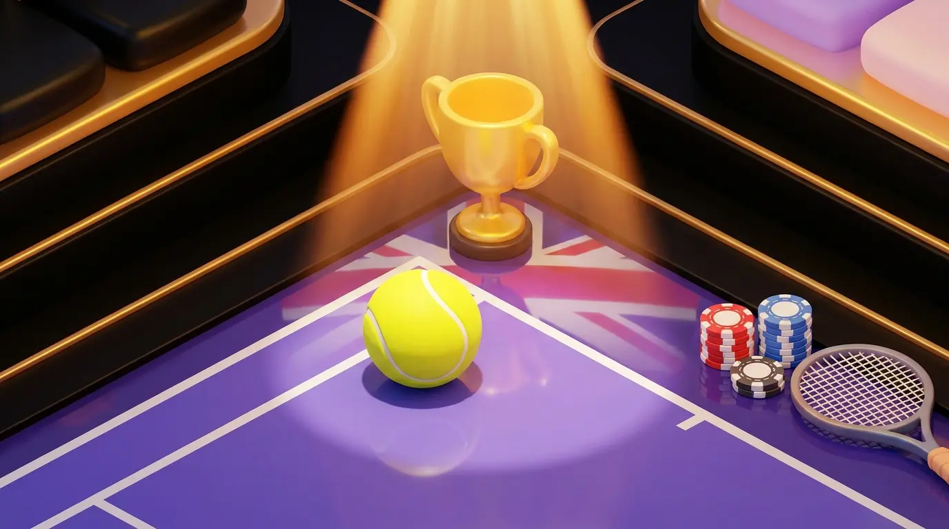 Tennis ball with trophy and poker chips on court in British colours