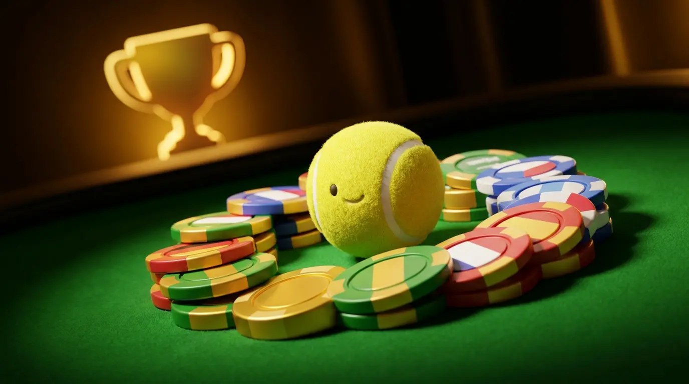 Tennis ball with casino chips on green felt surface