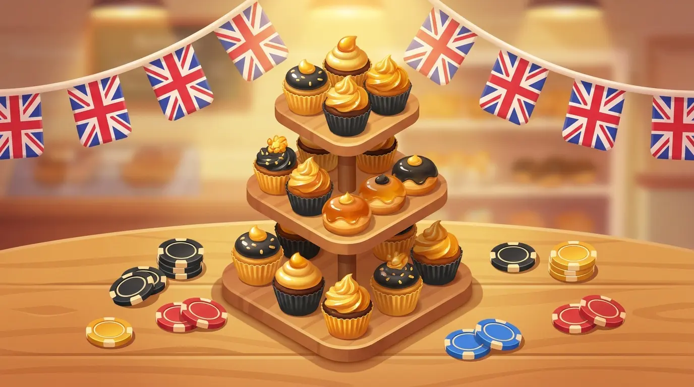 Cupcakes on cake stand with poker chips and British bunting