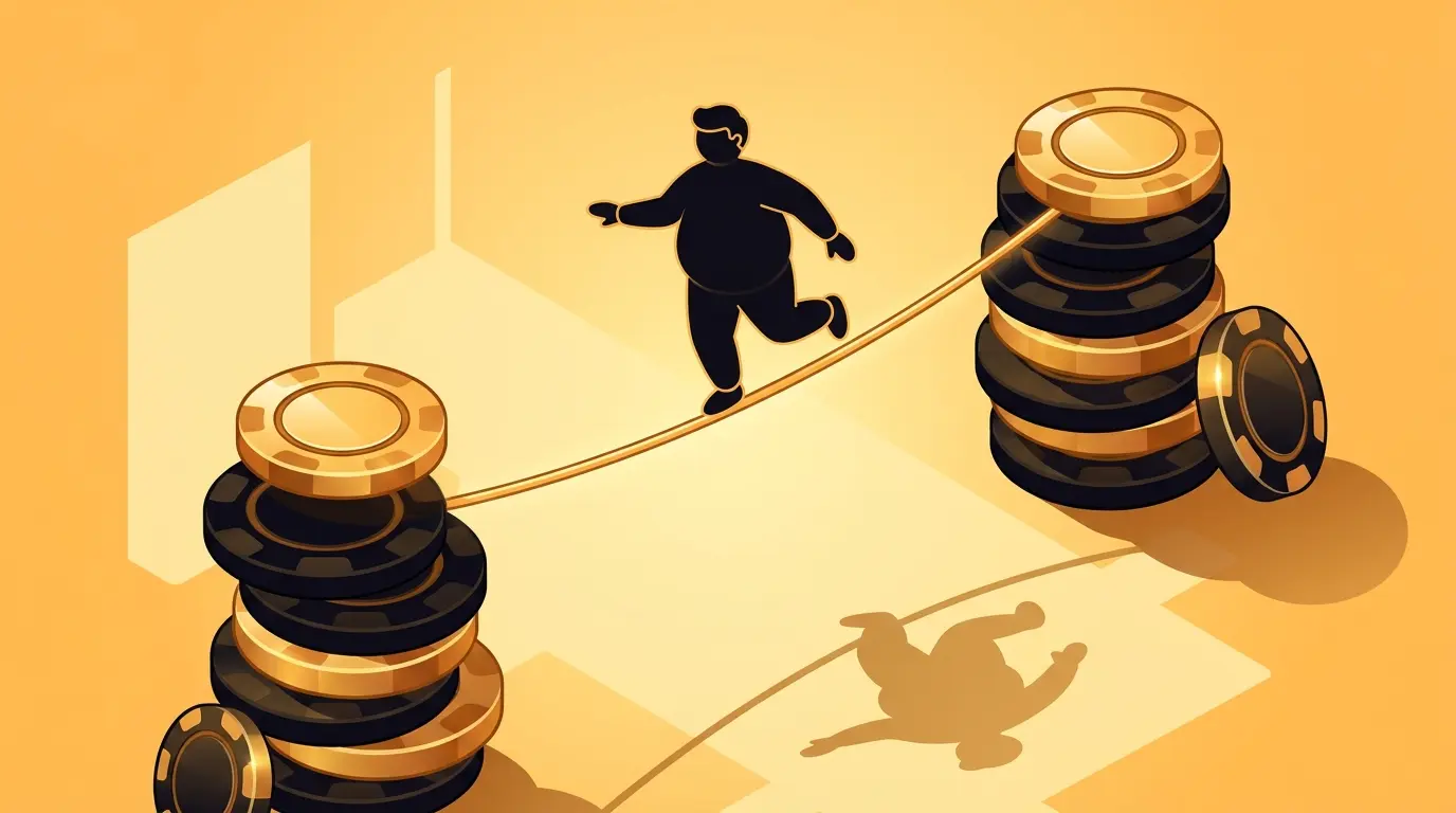 Tightrope walker balancing between chip stacks showing risk strategy
