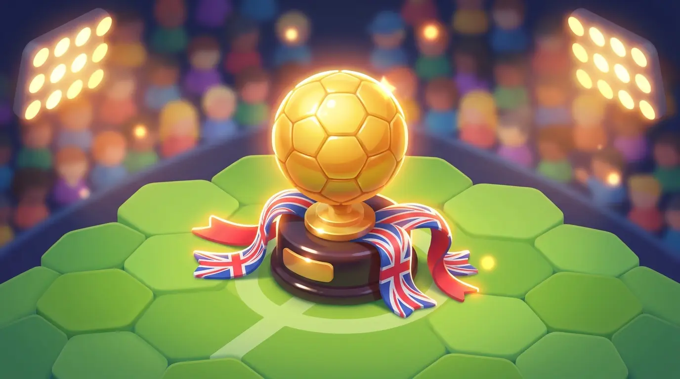 Golden football trophy on pitch with British flag ribbons