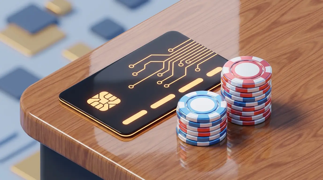 Bank card with poker chips in British colors on wooden surface