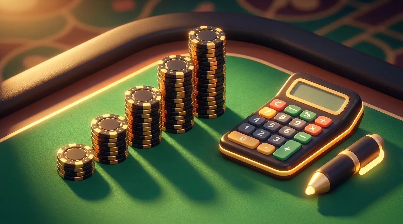 Casino chips arranged in growing stacks on poker table with calculator