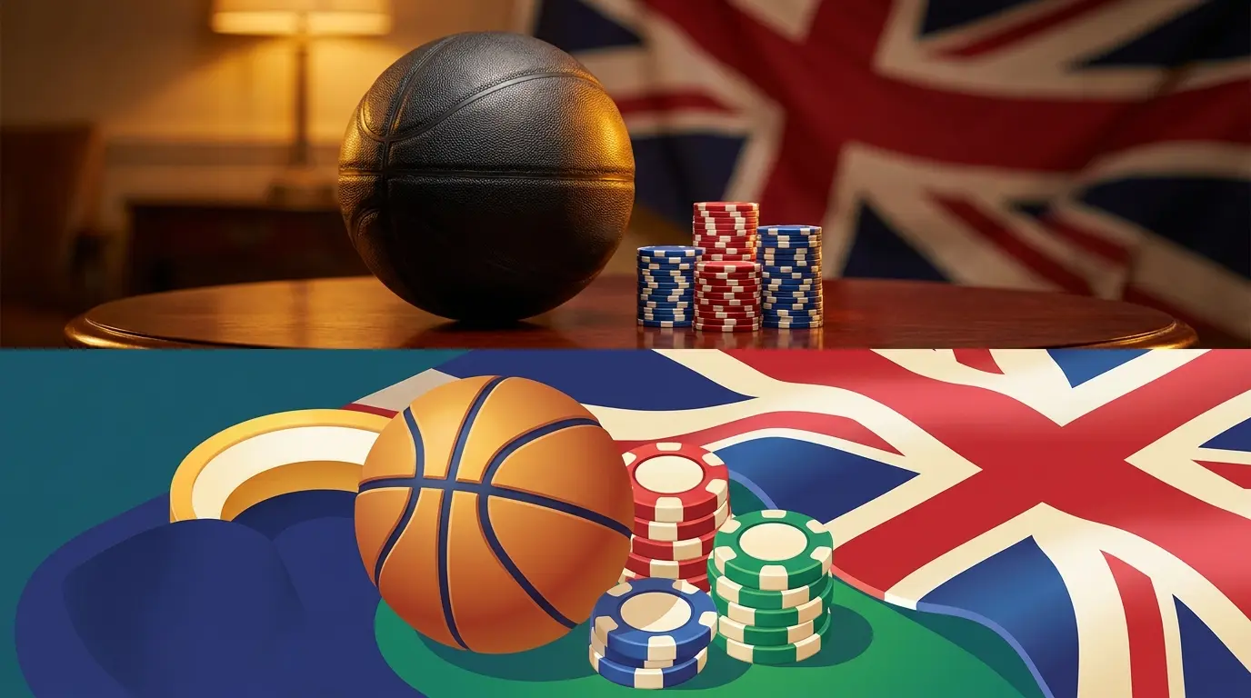 Basketball with British-themed poker chips on elegant surface