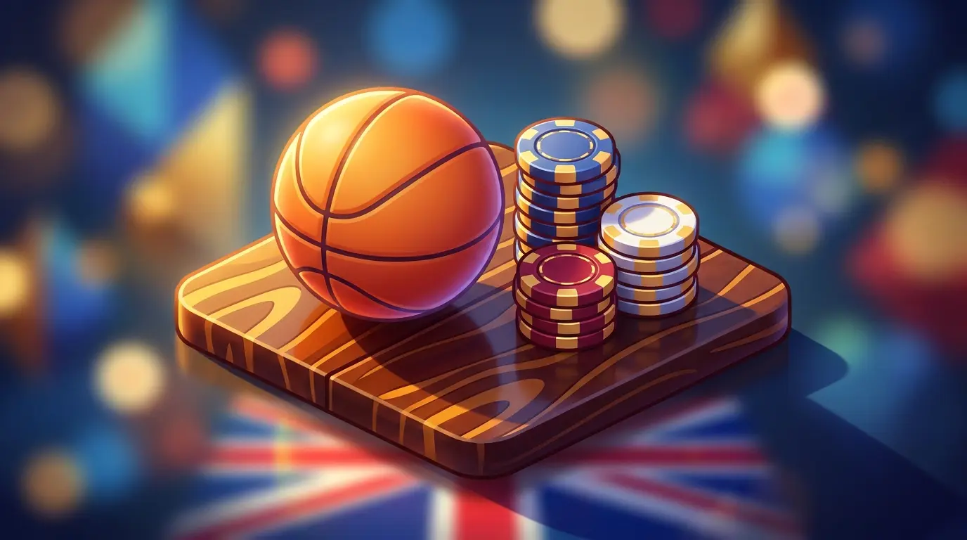 Basketball with British-themed poker chips in dramatic lighting