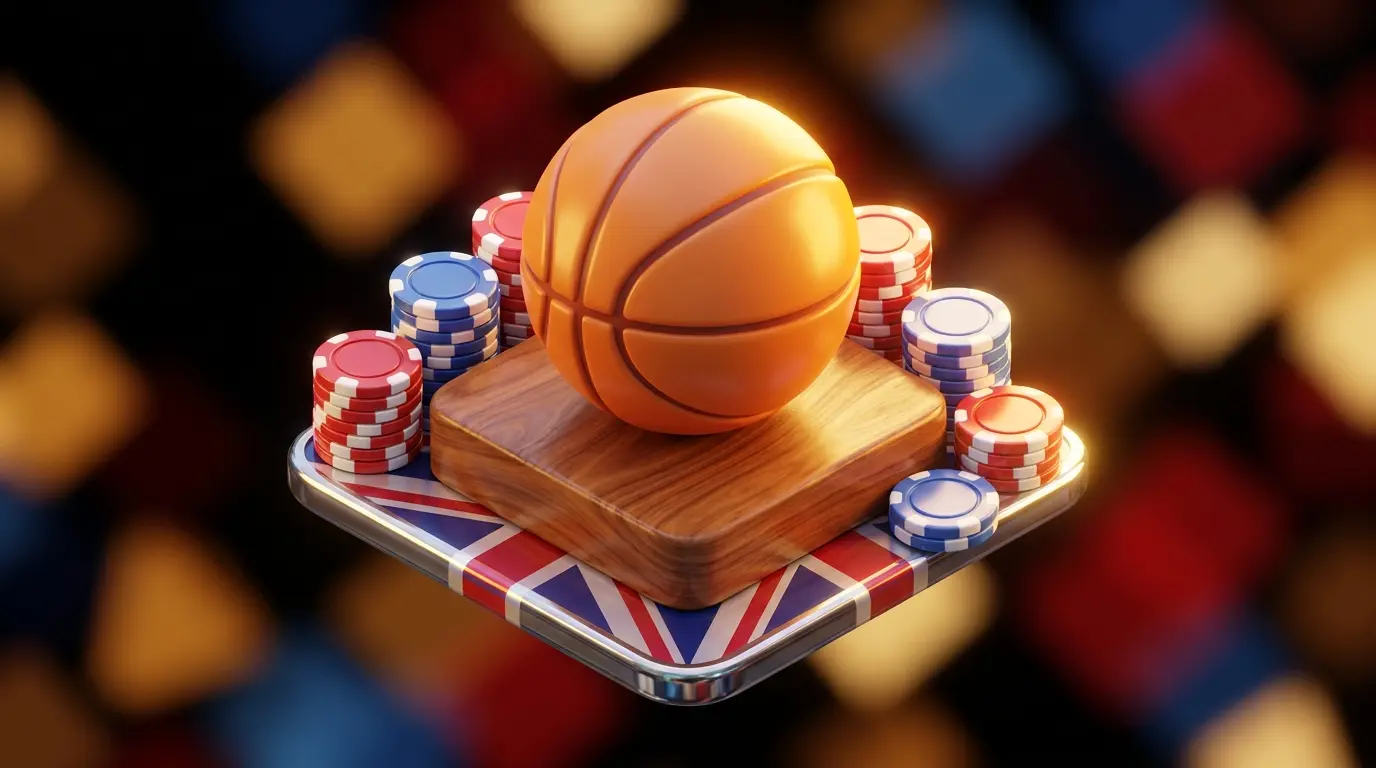 Basketball with poker chips in British colors on reflective surface