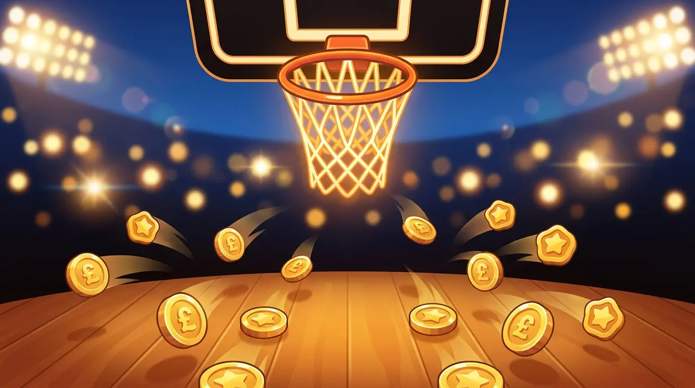 Basketball net with British pound coins on court floor