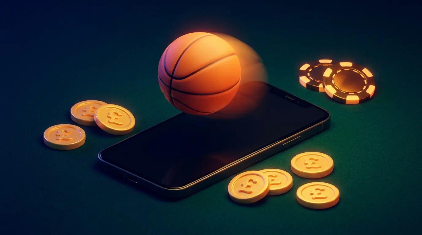 Basketball hovering over phone with scattered coins on dark surface