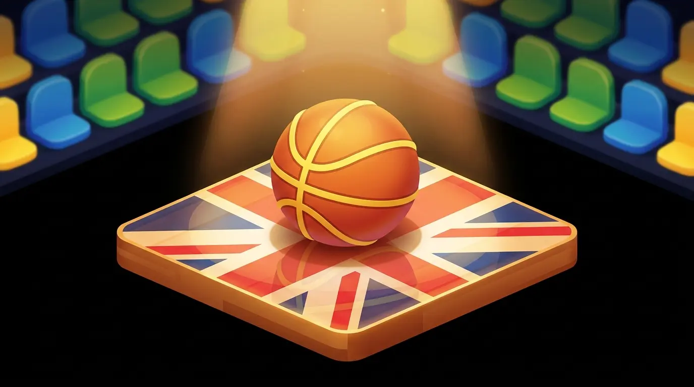 Basketball on court with UK themed lighting and colours