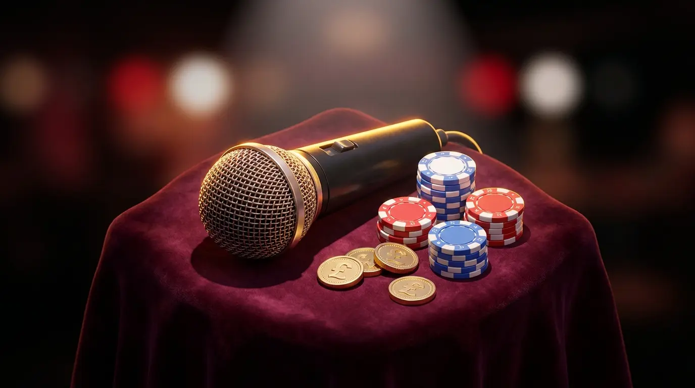 Microphone with poker chips and British coins in dramatic lighting