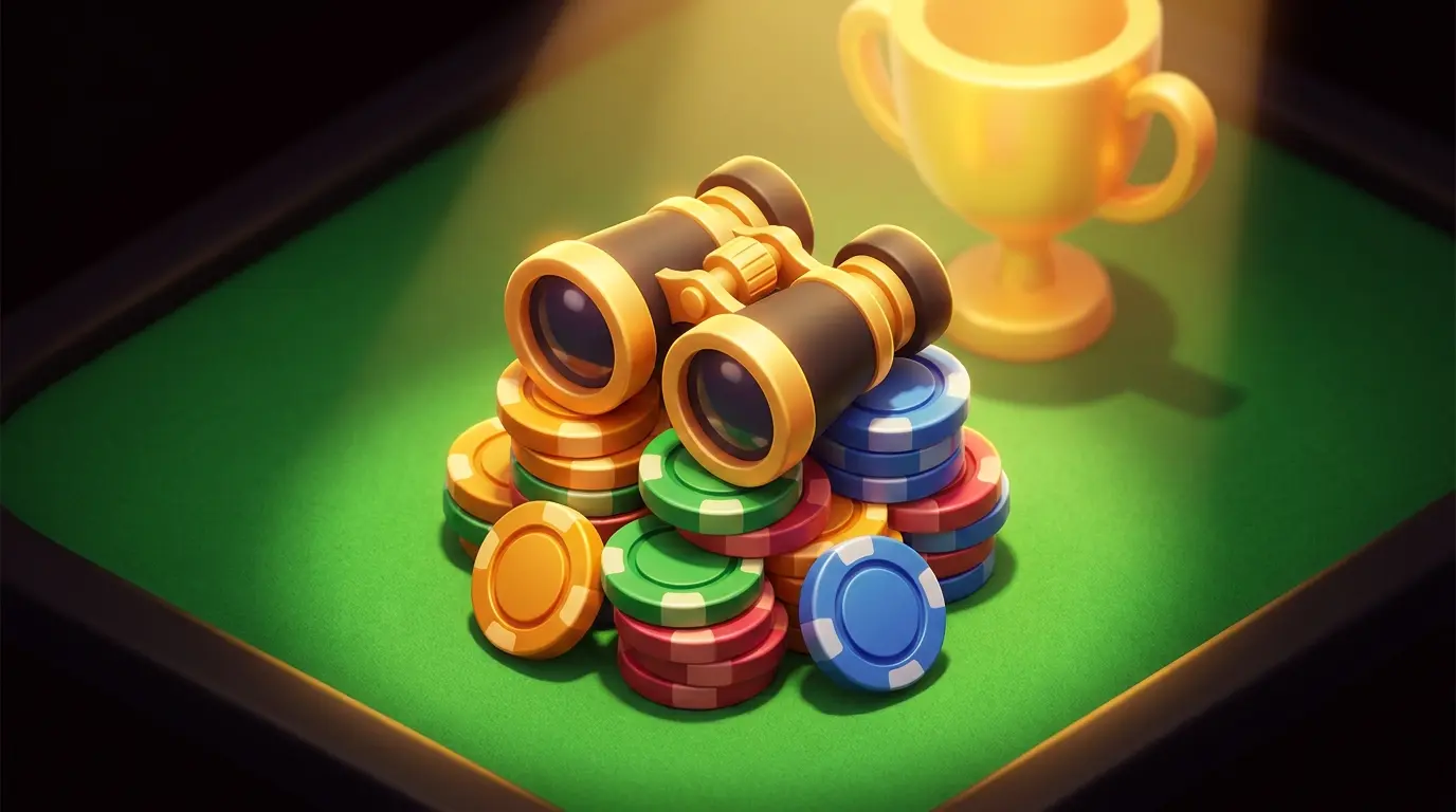 Binoculars and betting chips with trophy on green felt surface