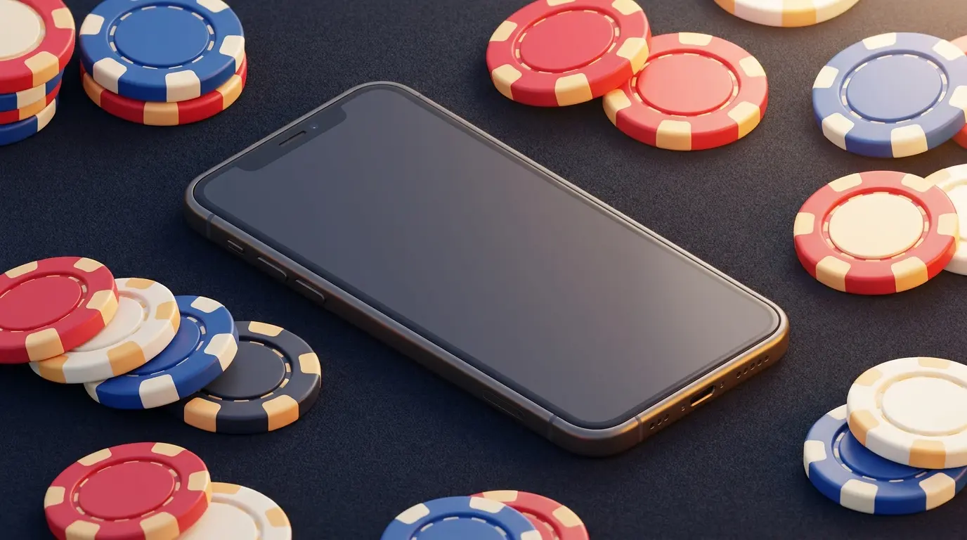Smartphone surrounded by British-colored poker chips on dark felt
