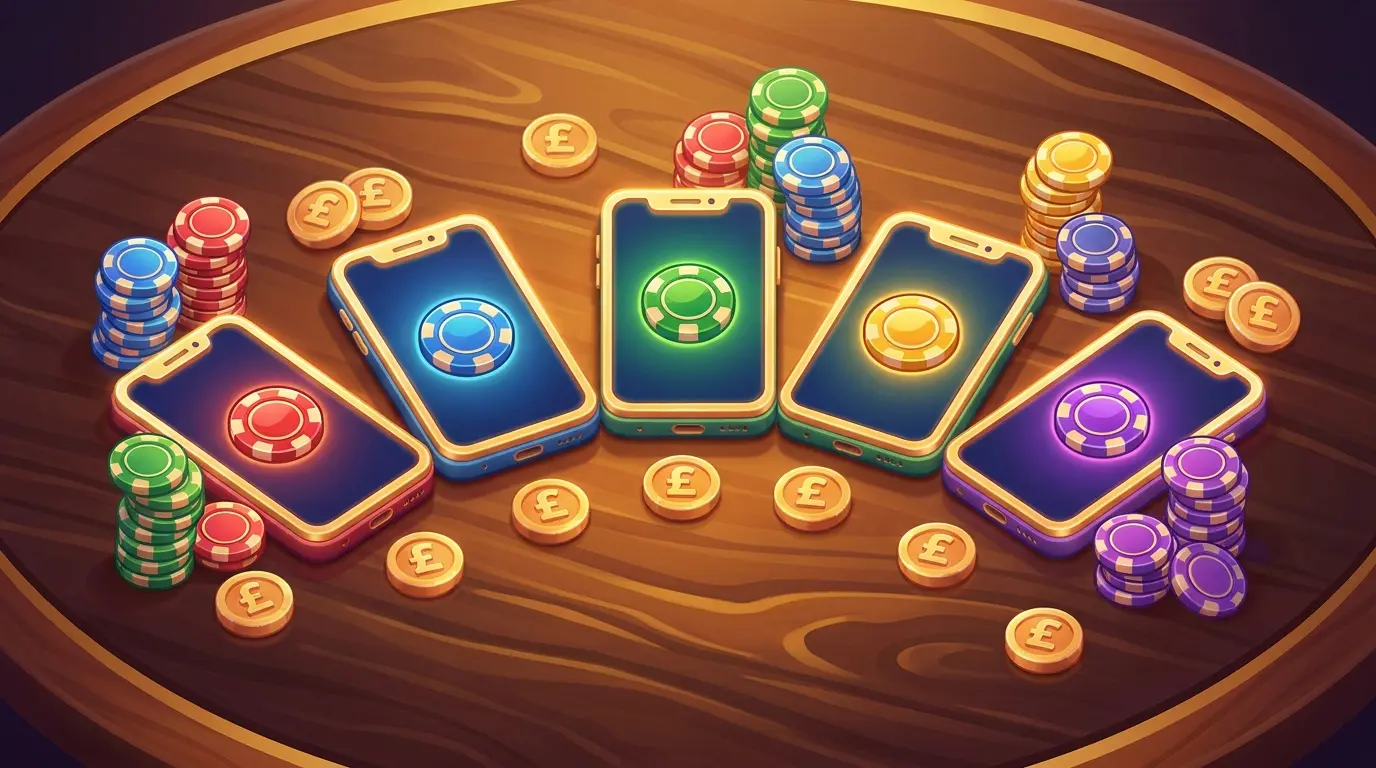 Multiple phones with betting chips and British currency