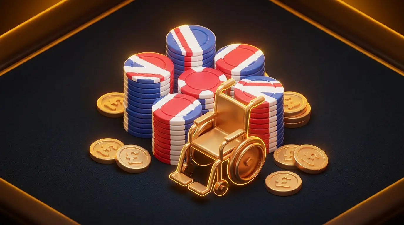 Poker chips, coins and wheelchair symbol with British color theme