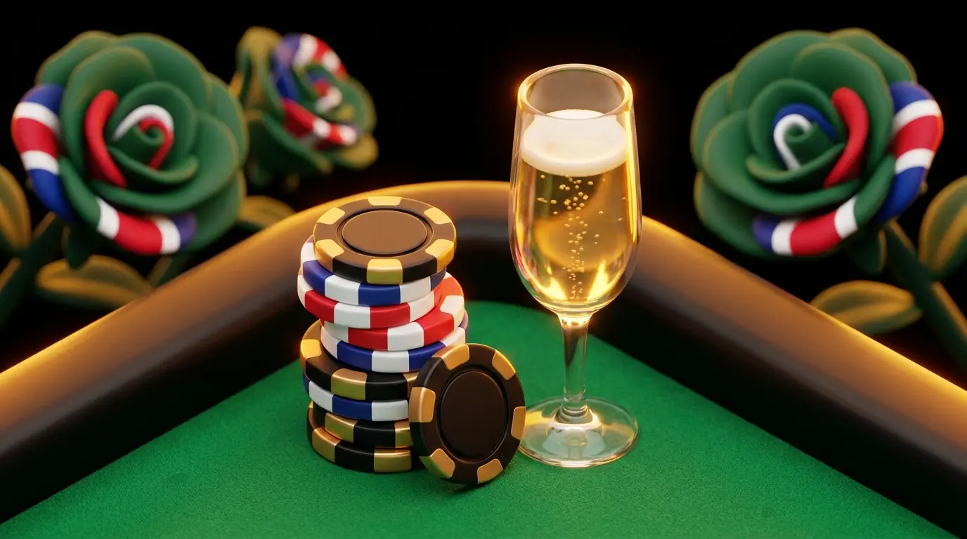 Poker chips and champagne with roses in British racing colors