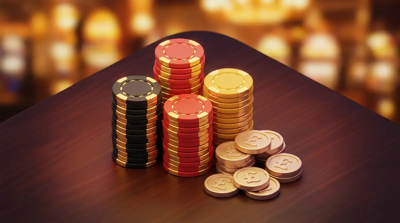 German colored chips with British coins on casino table