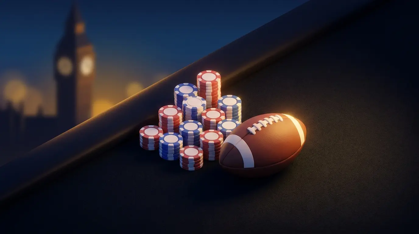 Poker chips and American football with London landmark silhouette