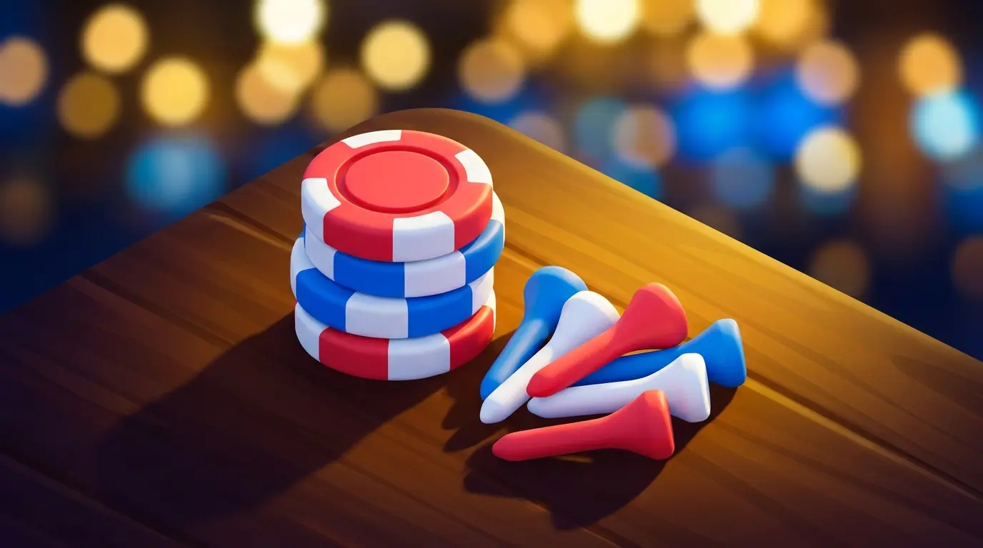 Poker chips and golf tees in British colors on wooden surface