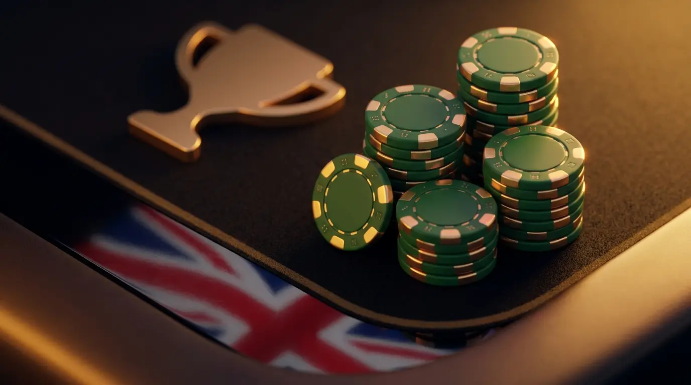 Casino chips and racing trophy with British themed lighting