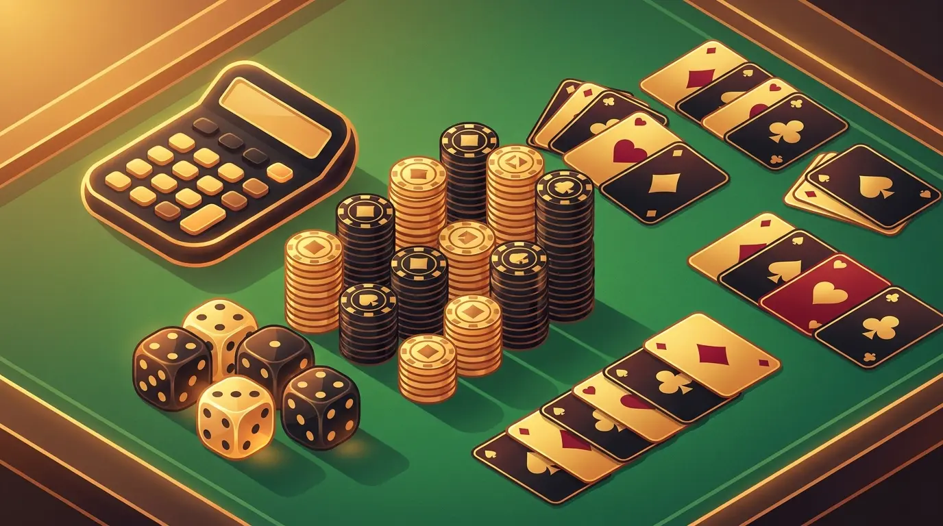 Calculator with dice and poker chips showing odds calculation