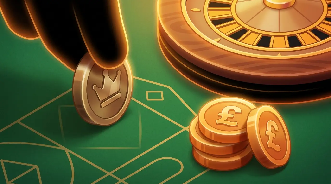 Overhead shot of pound coins on betting table with roulette wheel