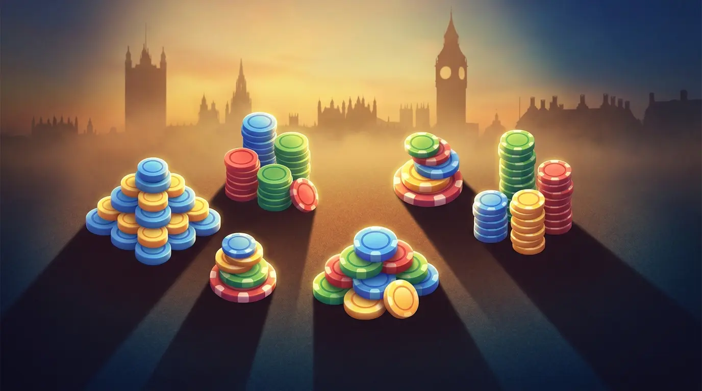 Stacked betting chips with London landmark in background