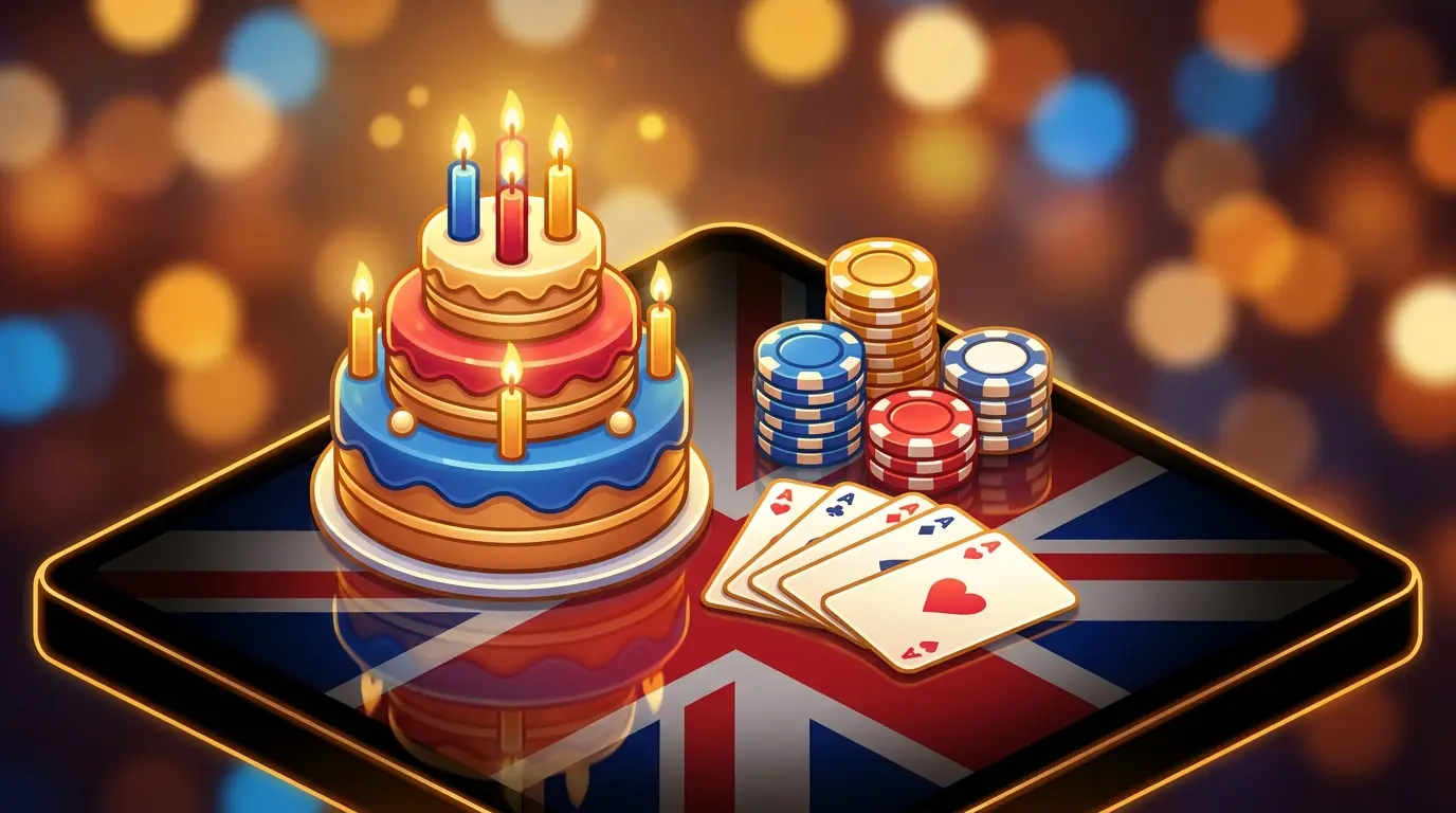 Birthday cake with casino chips and cards in UK themed setting