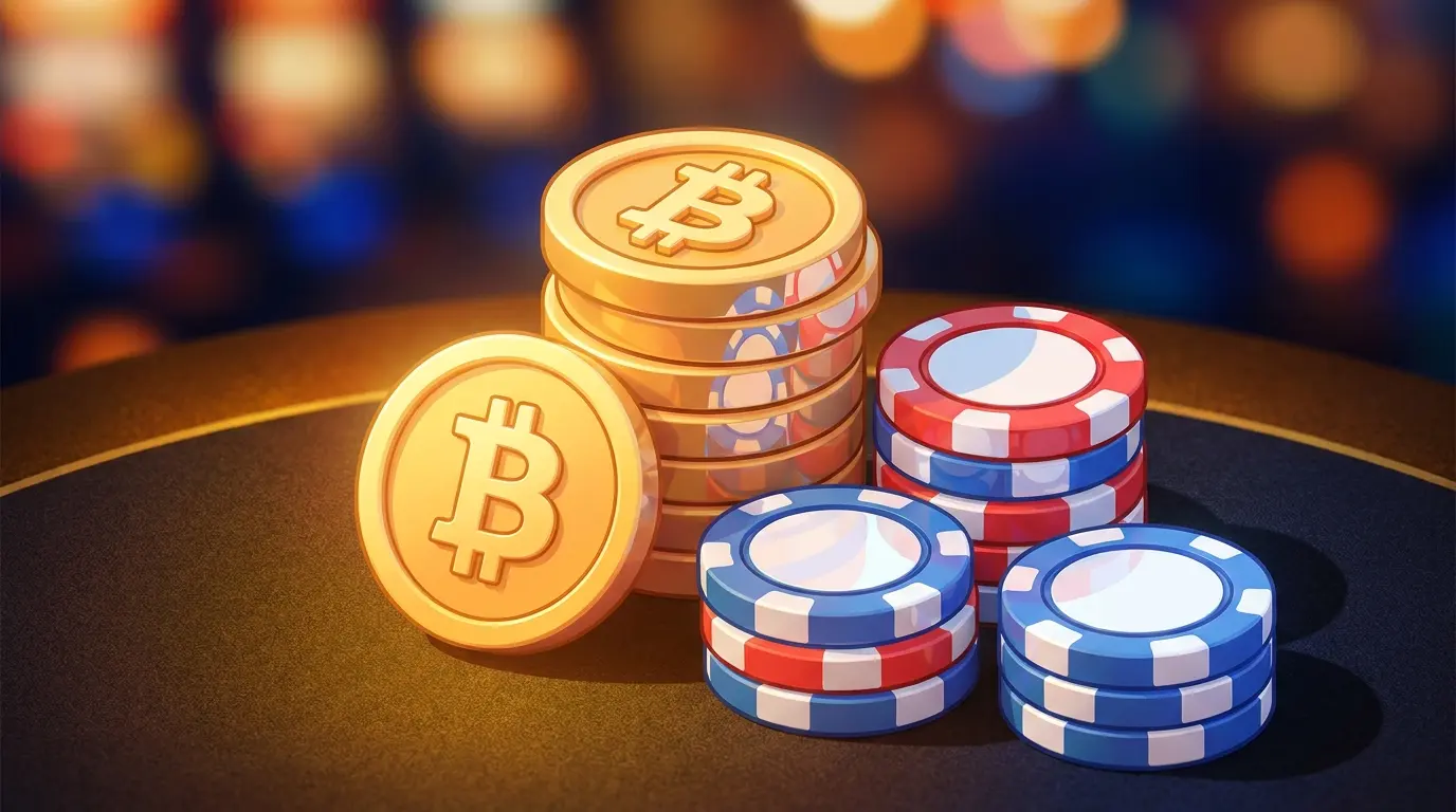 Bitcoin coins stacked with British-themed poker chips on casino felt