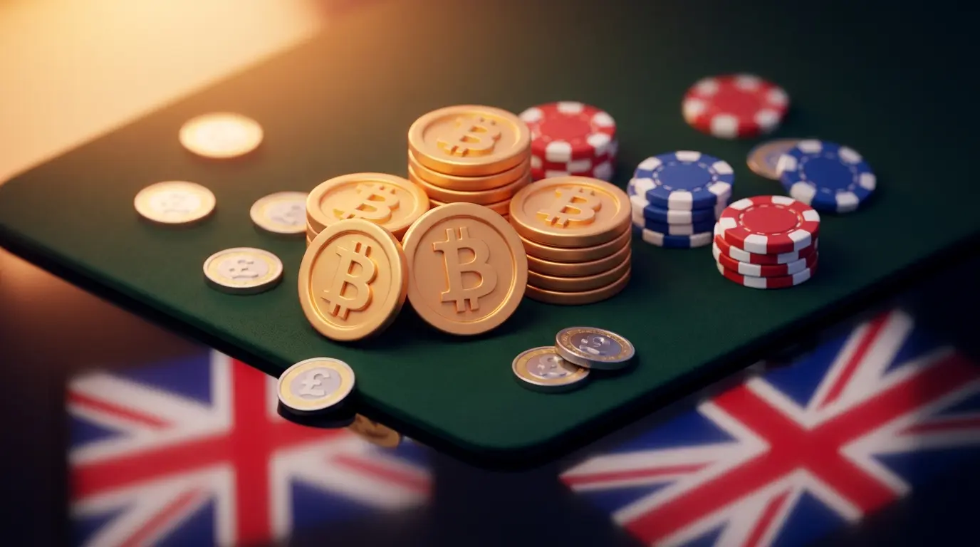 Bitcoin and British pound coins on casino table with UK themed chips