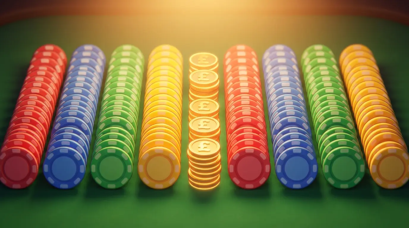 Casino chips in rows comparing betting site bonuses