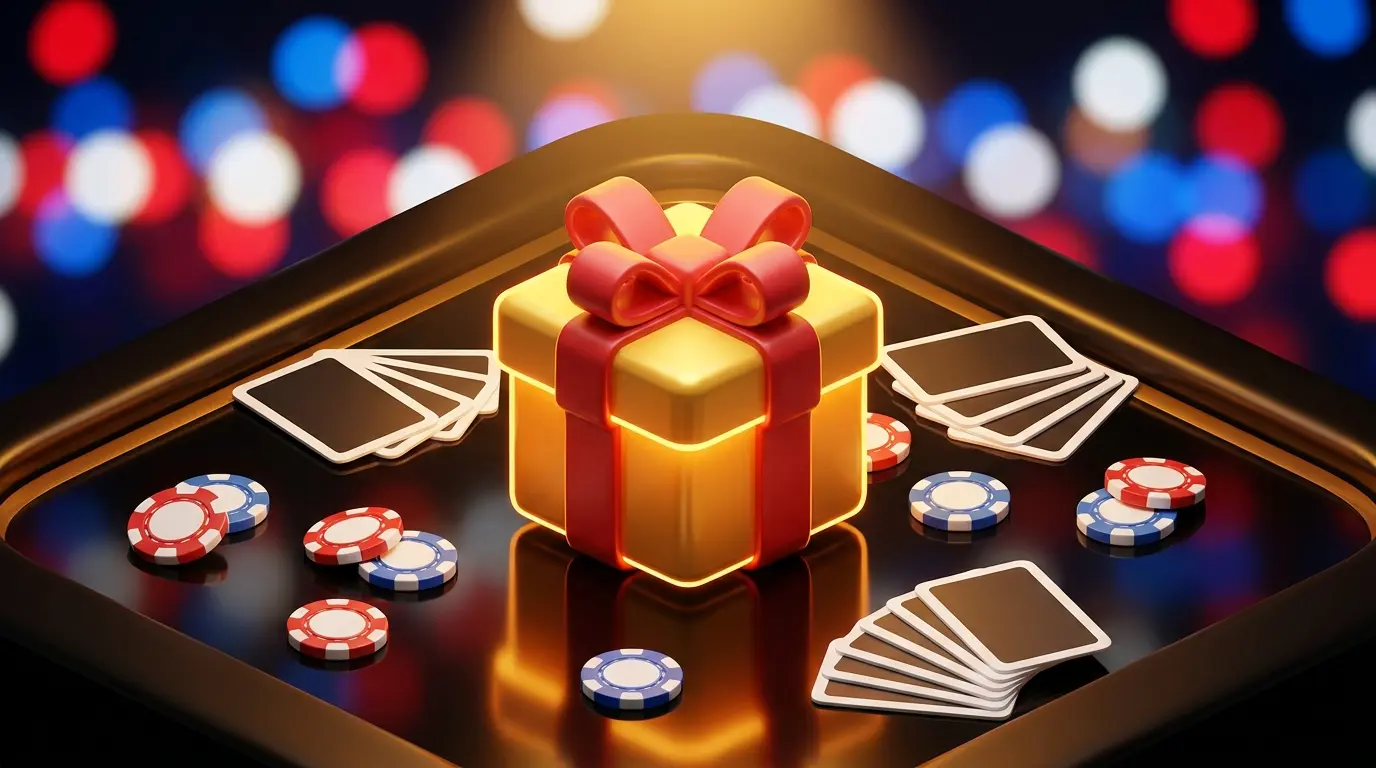 Gift box surrounded by casino chips representing signup bonuses