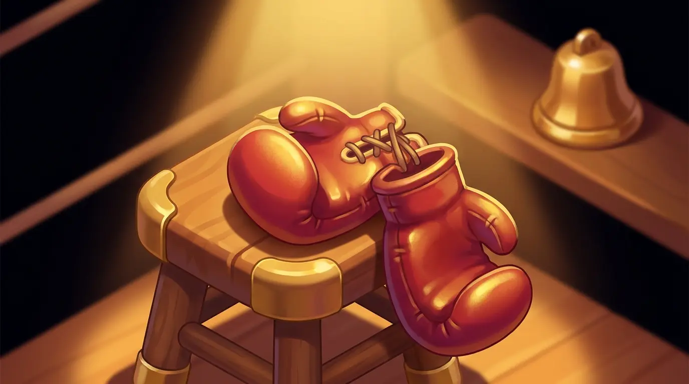 Boxing gloves hanging over corner stool with dramatic lighting