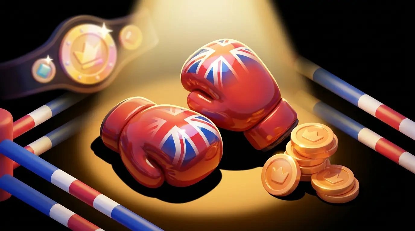 Boxing gloves and British currency on ring ropes with dramatic lighting