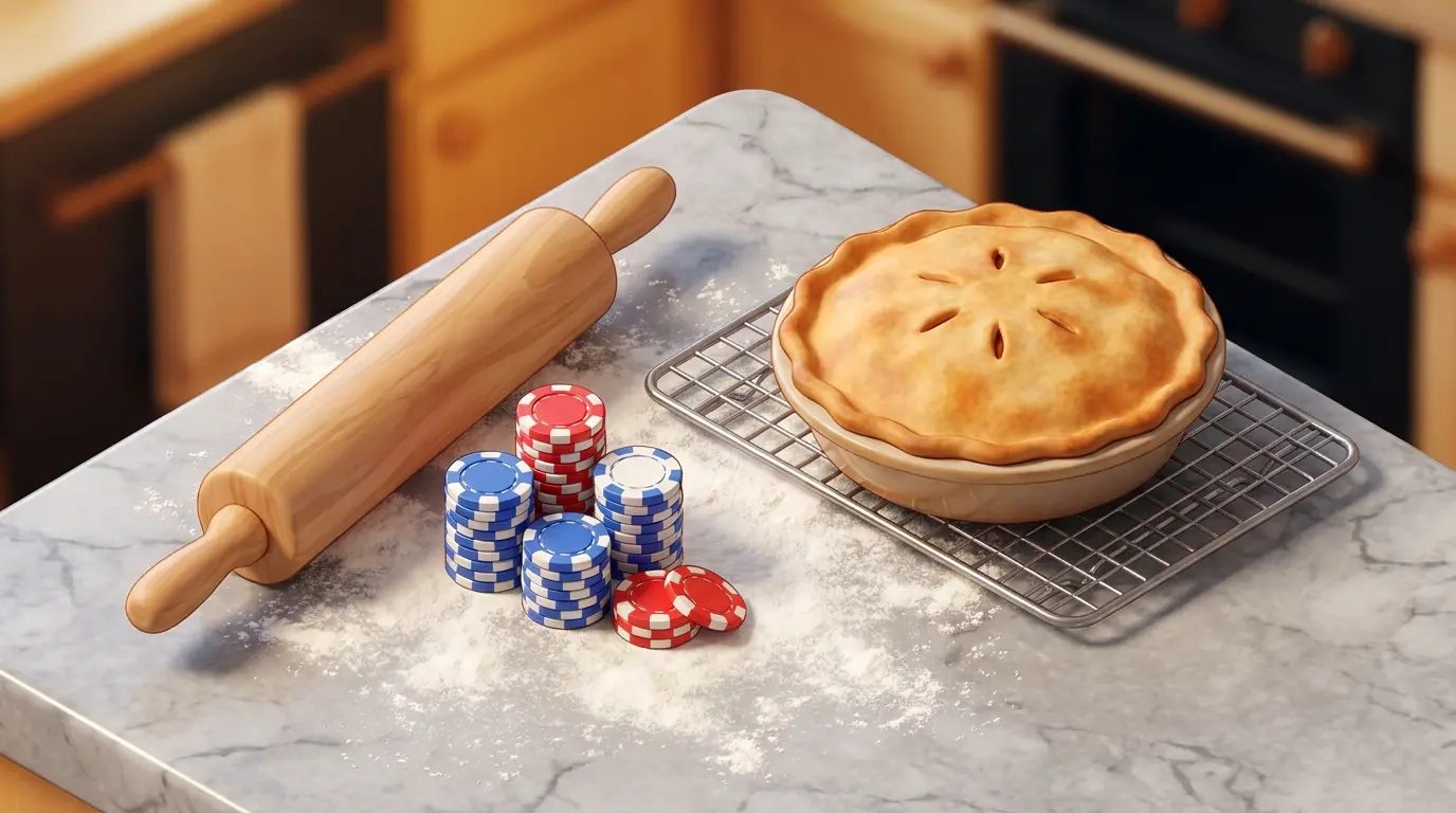 Rolling pin with poker chips on marble counter near baked pie