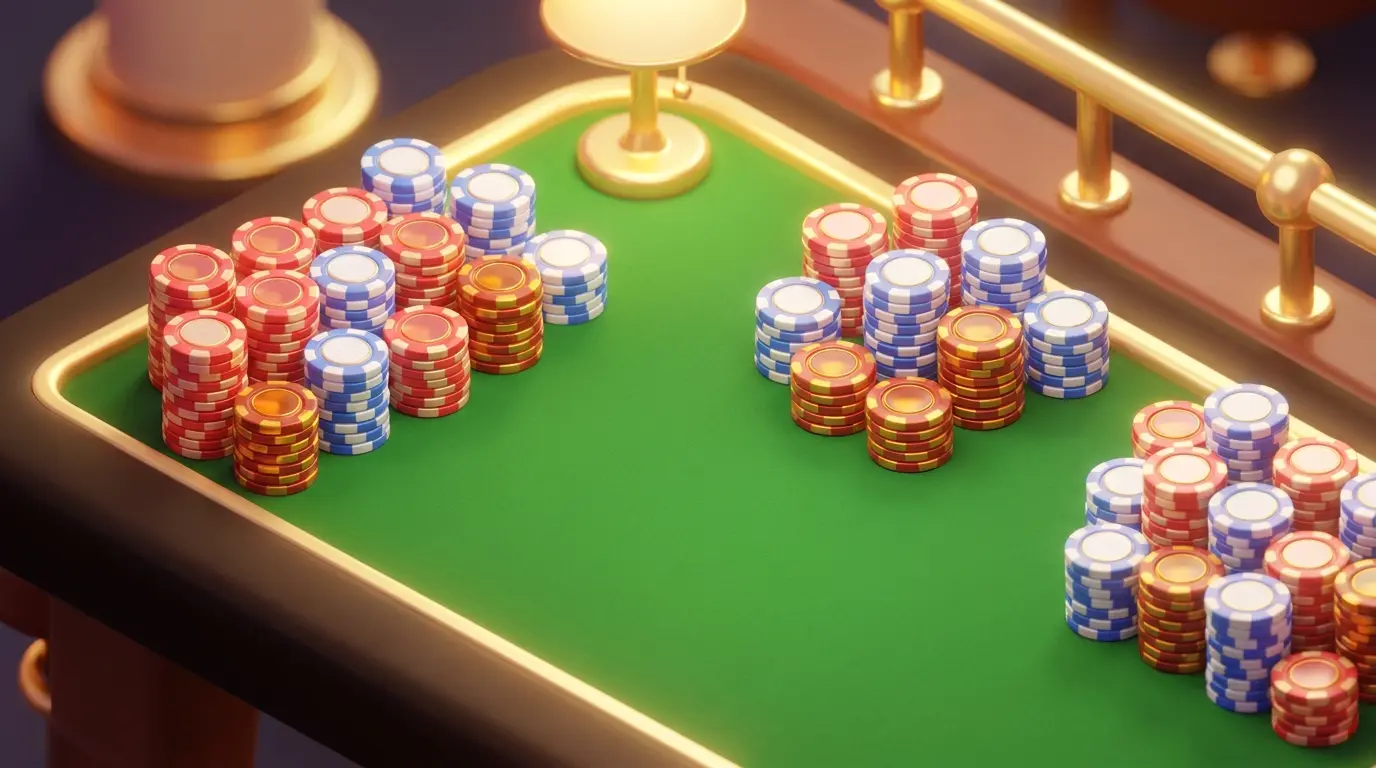 Betting chips in British colors on green felt table