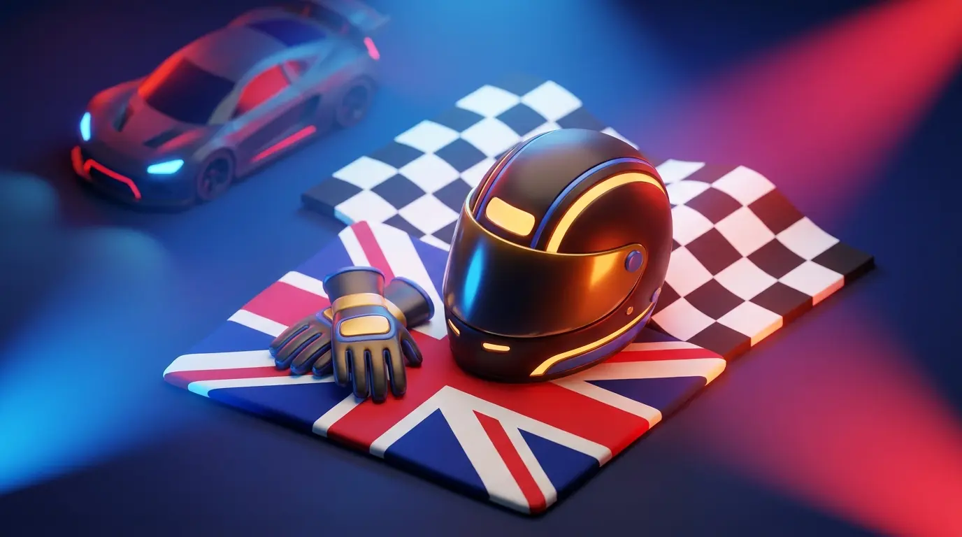 Racing gear on British flag with GT car in background