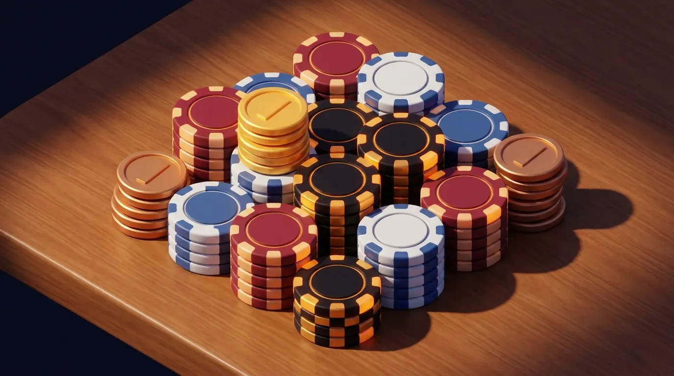 Poker chips arranged like building blocks on wooden surface