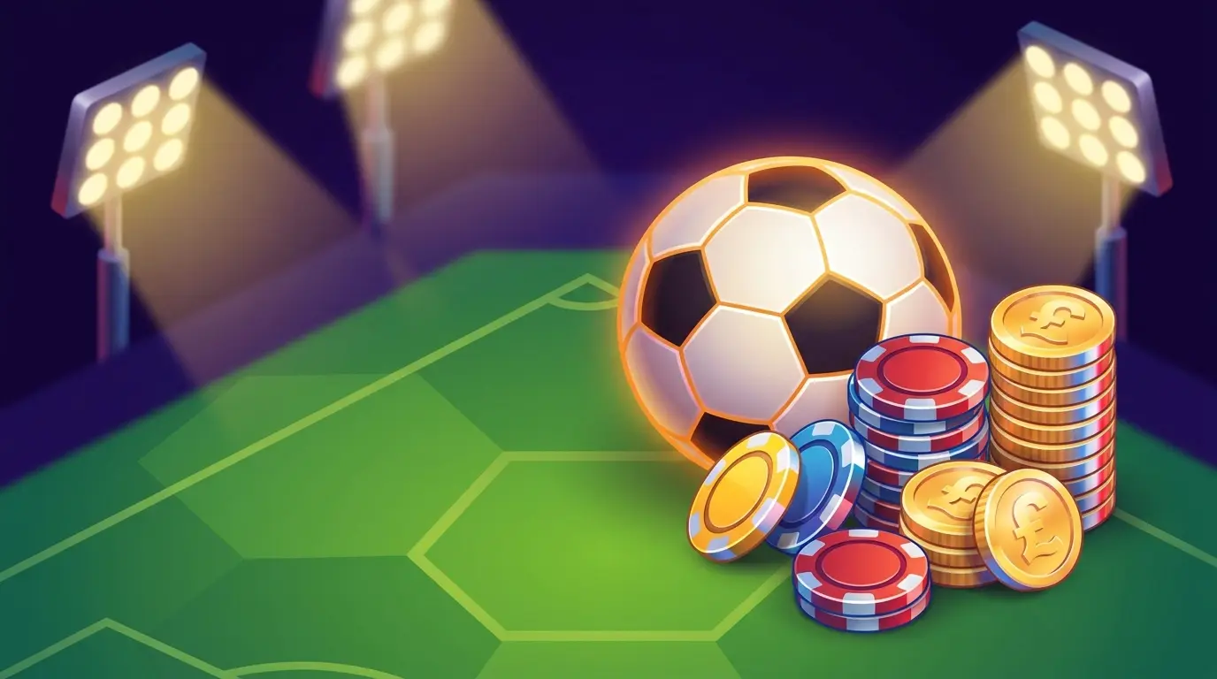 Football with betting chips and British currency on stadium pitch