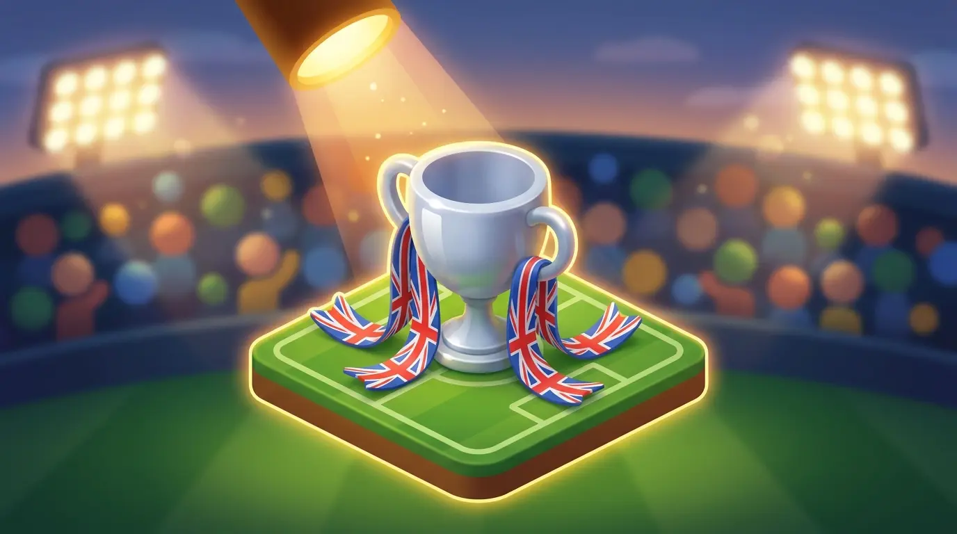 Trophy cup on football pitch with British flag ribbons and stadium lights