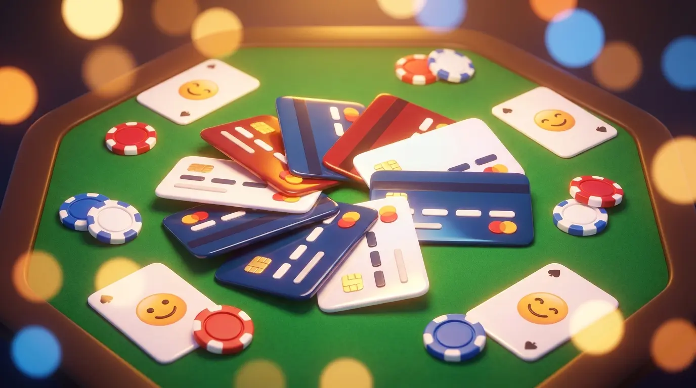 Credit cards fanned on casino table with chips and UK themed elements