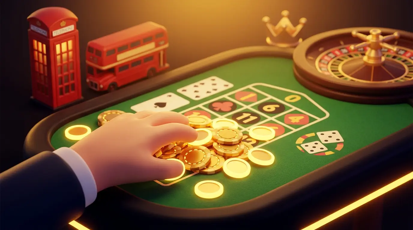 Hand collecting casino chips with British telephone box in background