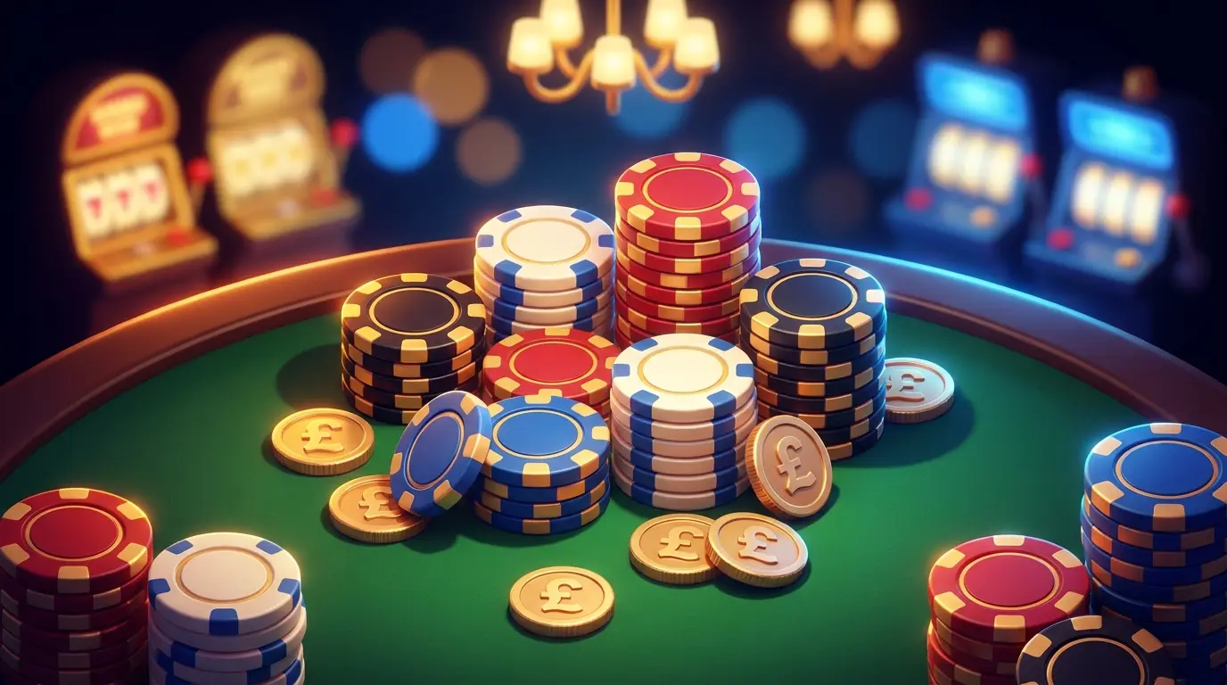 Poker chips and British coins on green felt casino table from above
